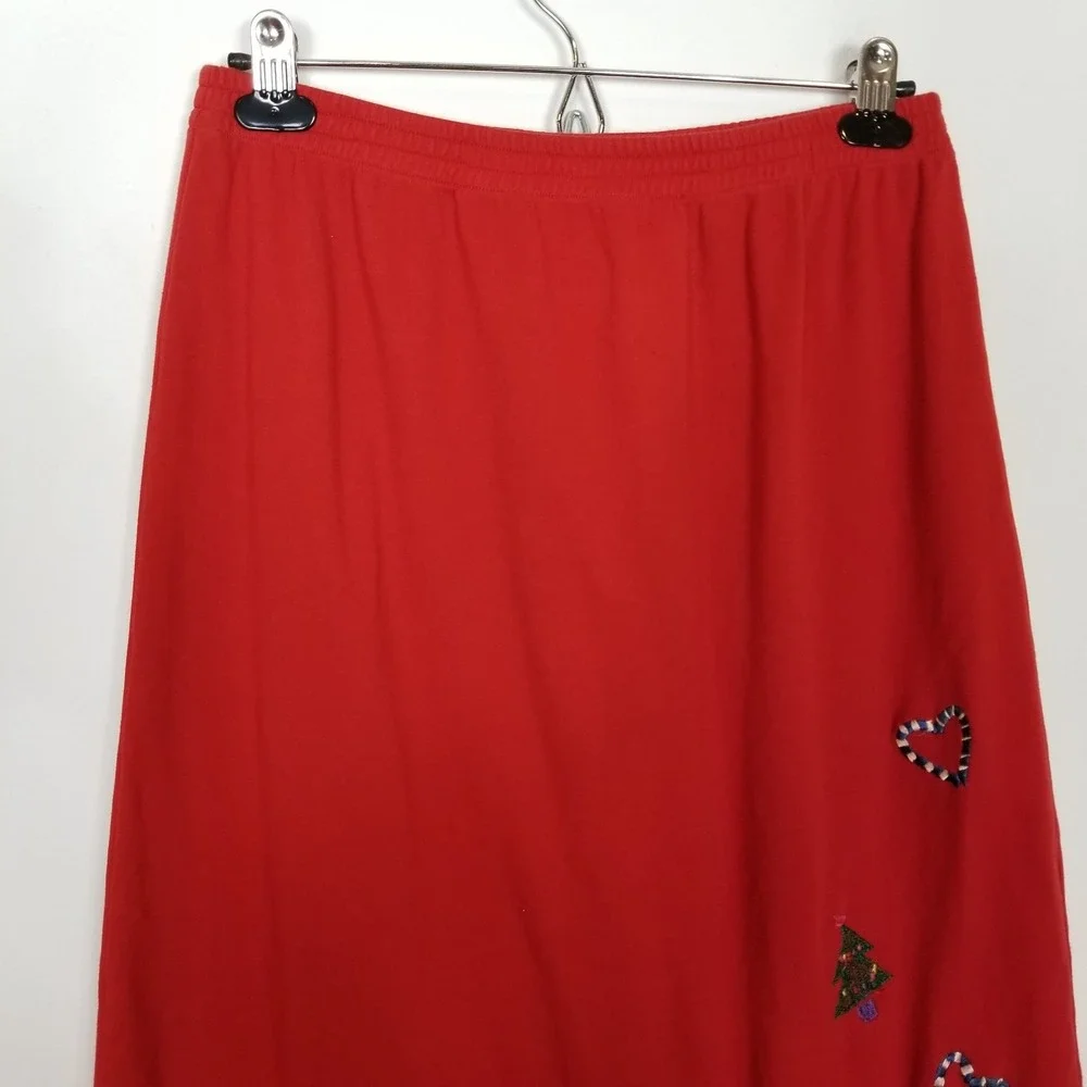 VTG Michael Simon Lite  Christmas Holiday Embroidered Skirt  L Red Elastic Waist